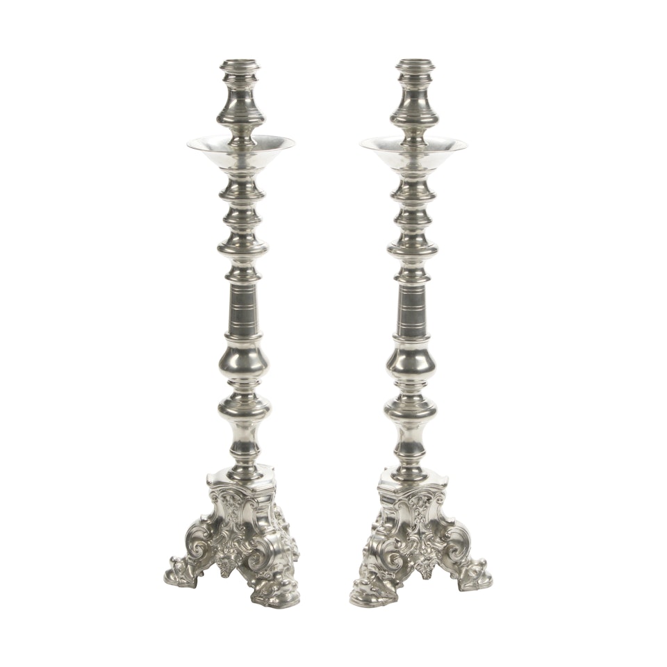 A Pair of Baroque Style Polished Pewter Metal Candlesticks by Unknown (Baroque style)