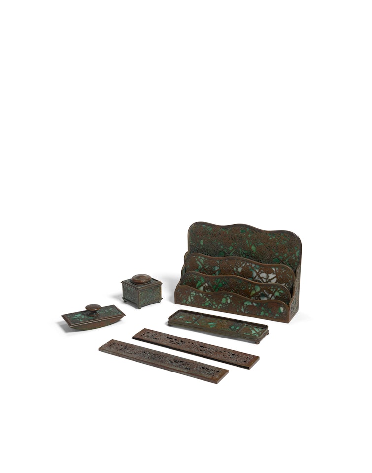 A Tiffany Studios Six Piece Patinated Bronze and Favrile Glass Grapevine Desk Set by Tiffany Studios