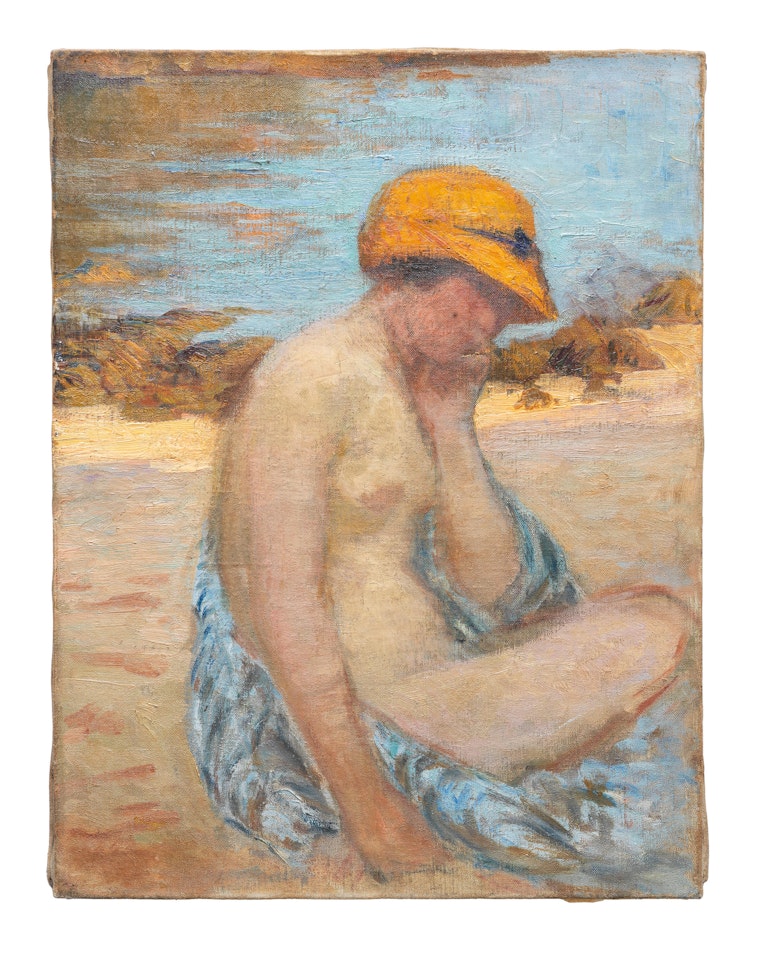 Femme avec une chapeau jaune, Étretat by Henri Lebasque