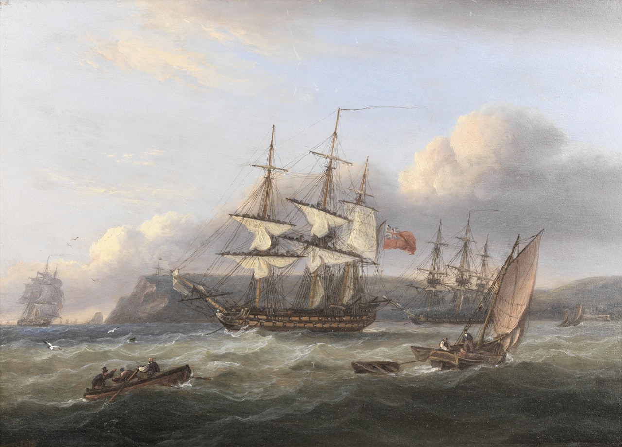 HMS Bellerophon leaving Torbay with the defeated Emperor Napoleon aboard, 26th July 1815 by Thomas Luny
