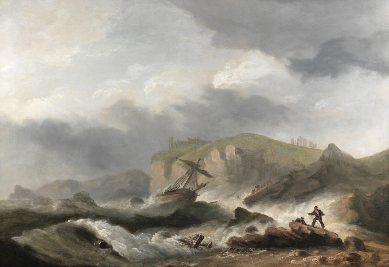 A costal scene off Berry Head, Brixham; A ship wrecking off a coast, a pair by Thomas Luny