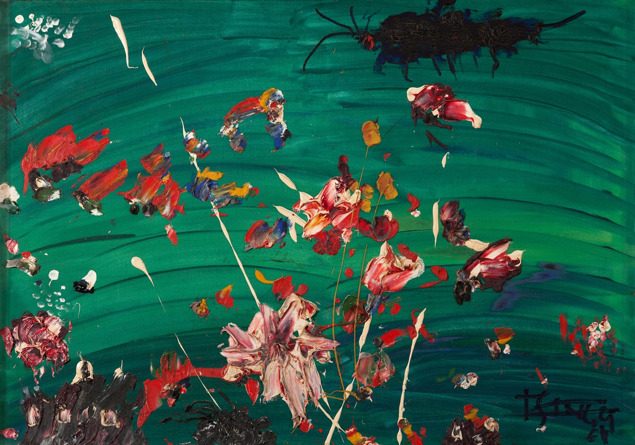 Red and pink flowers on green background by Thanos Tsingos