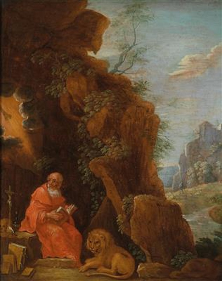 Der heilige Hieronymus mit dem Löwen vor einer Felsgrotte by David Teniers II