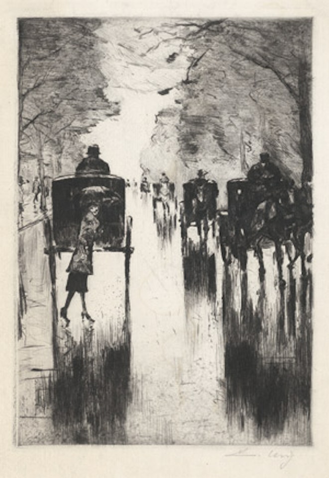Rain-soaked Tiergartenallee with horse-drawn cabs: lady with an umbrella crosses the street by Lesser Ury