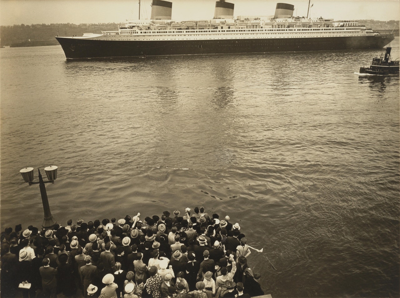 "Normandie, The S. S." (Seen from Pier 88, Manhattan) by Berenice Abbott