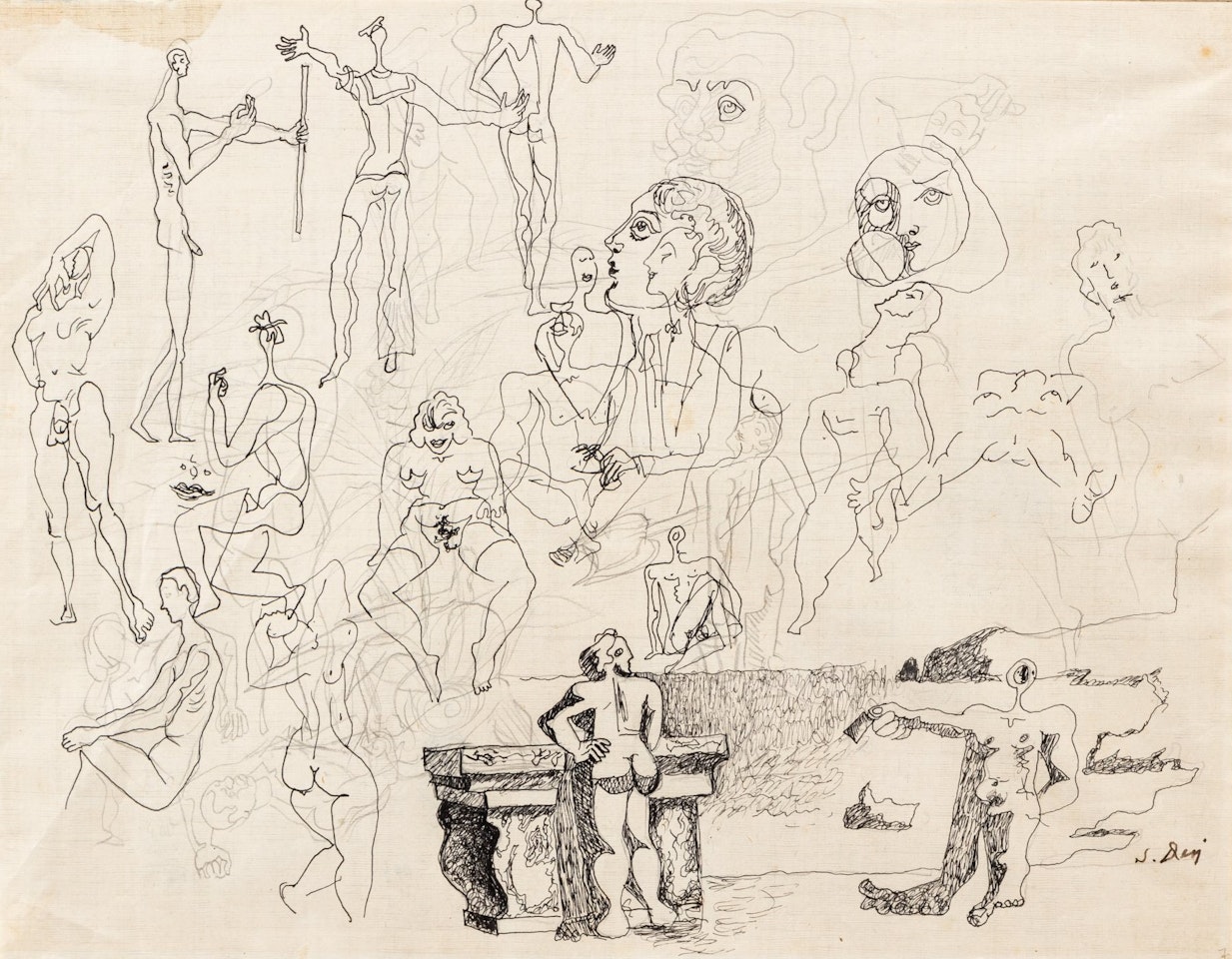 Études de figures, nus, têtes et la plage du Llané à Cadaqués by Salvador Dali
