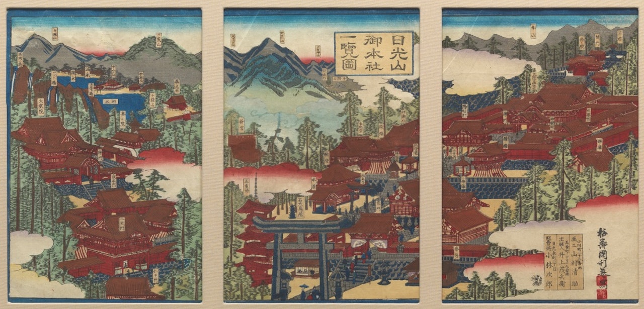 Panoramic Map of Toshogu Shrine in Nikko, tryptic by Utagawa Kuniyoshi
