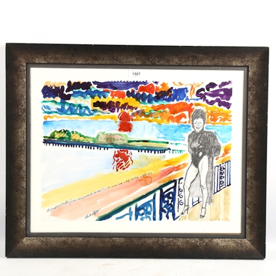 The Grand Hotel Brighton terrace with the promenade, the West Pier, the sunset and a lady standing in light rain by John Bratby