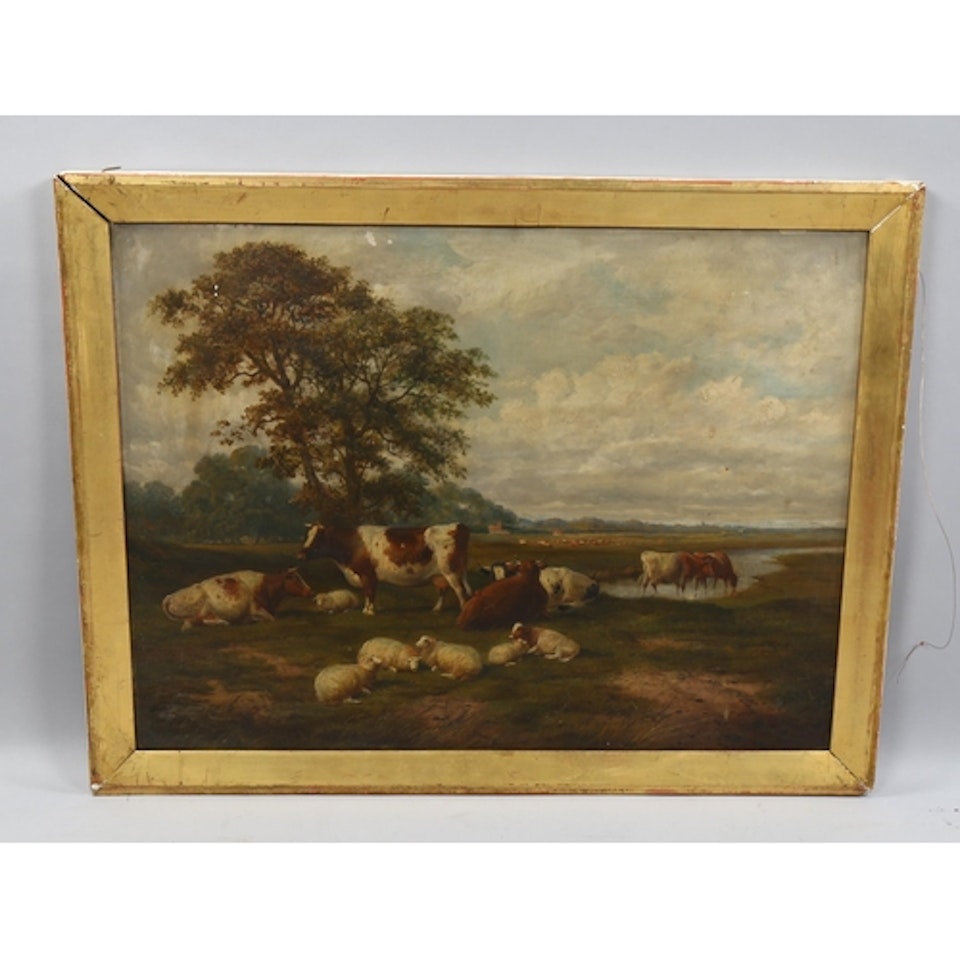 cattle and sheep in extensive landscape by Thomas Sidney Cooper
