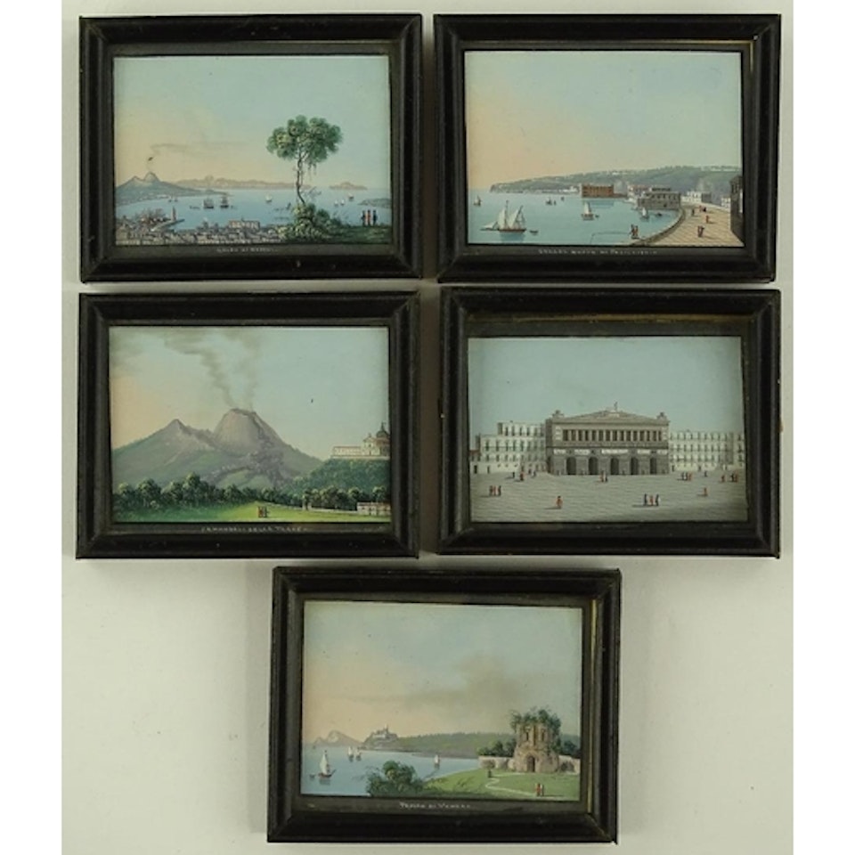 6 miniature gouache paintings, scenes of Naples and Vesuvius by Neapolitan School
