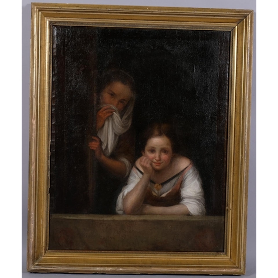 Portrait of 2 girls at a window by Continental School