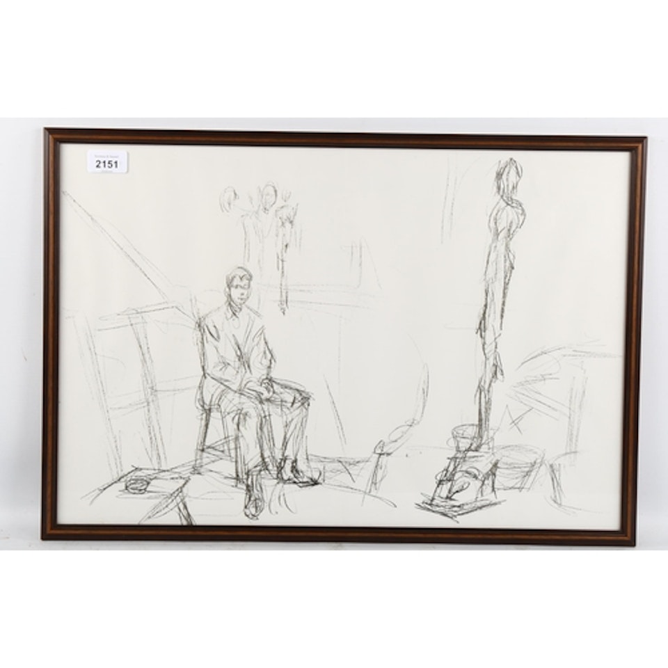 seated man and a sculpture by Alberto Giacometti