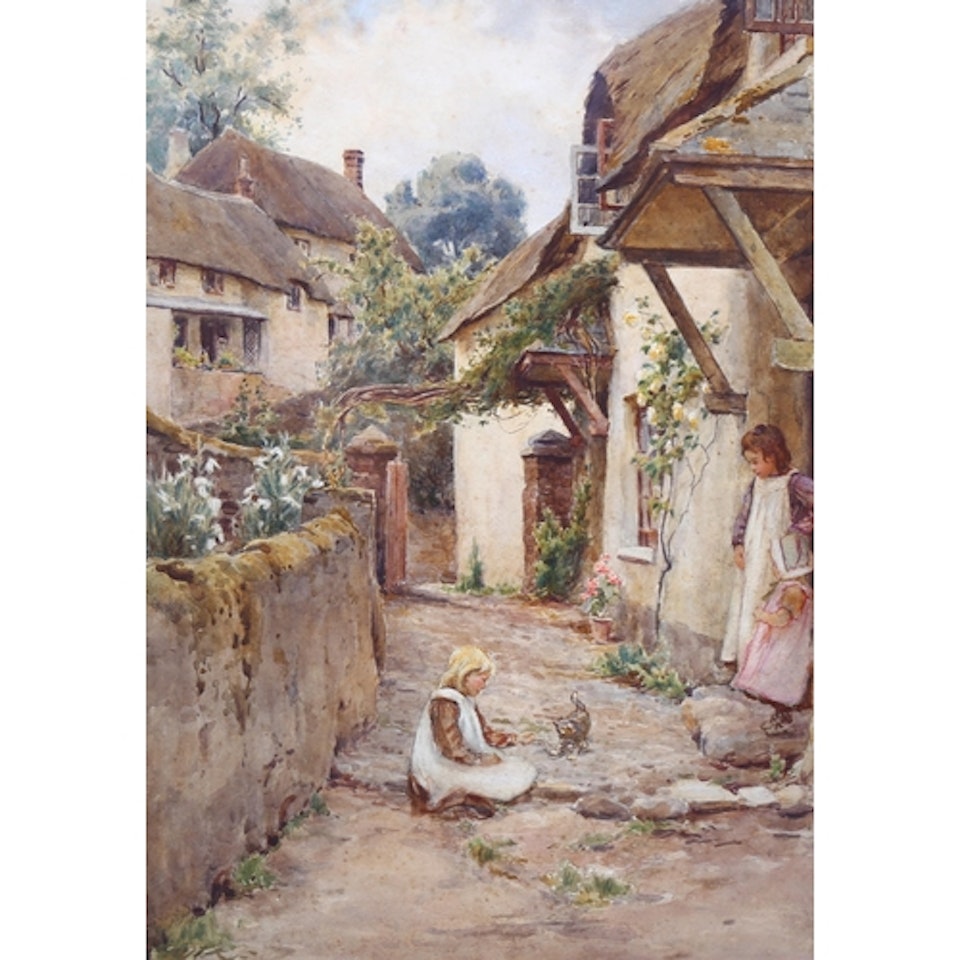 children and kitten outside thatched cottages by English School