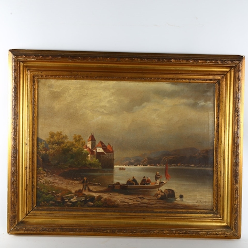 lake scene with fishermen by Continental School