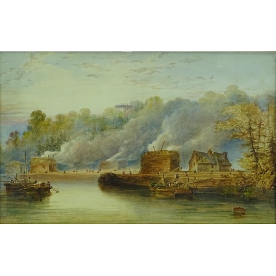 burning buildings on a riverbank by William Callow