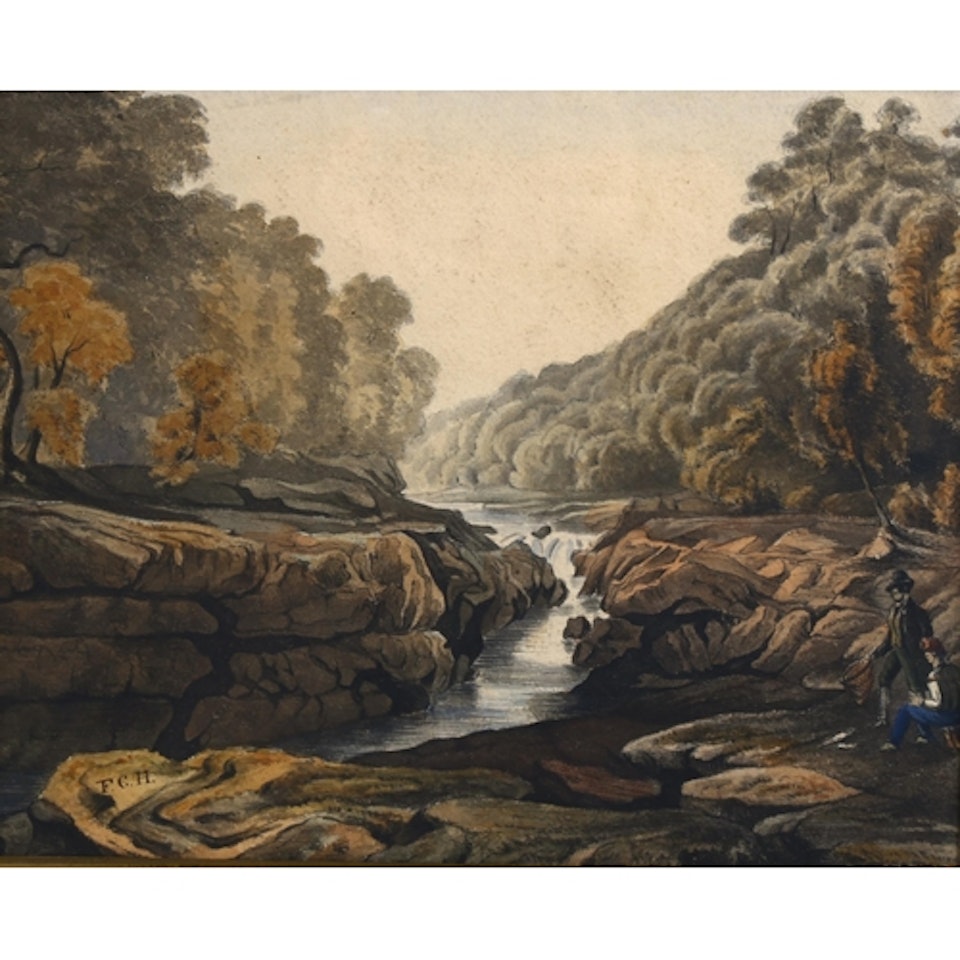 figures by a river by English School