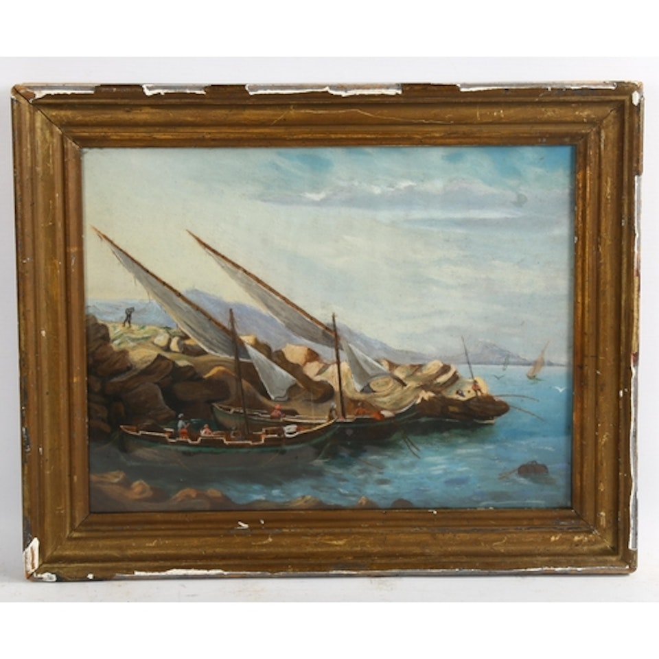 Fishing boats on the coast by Italian School
