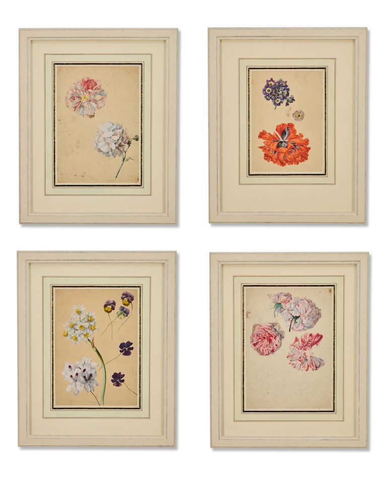 Four still life sketches of flowers by English School