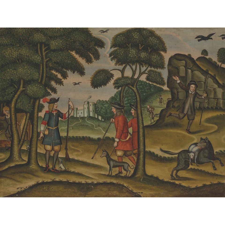 Hunters in a landscape by German School