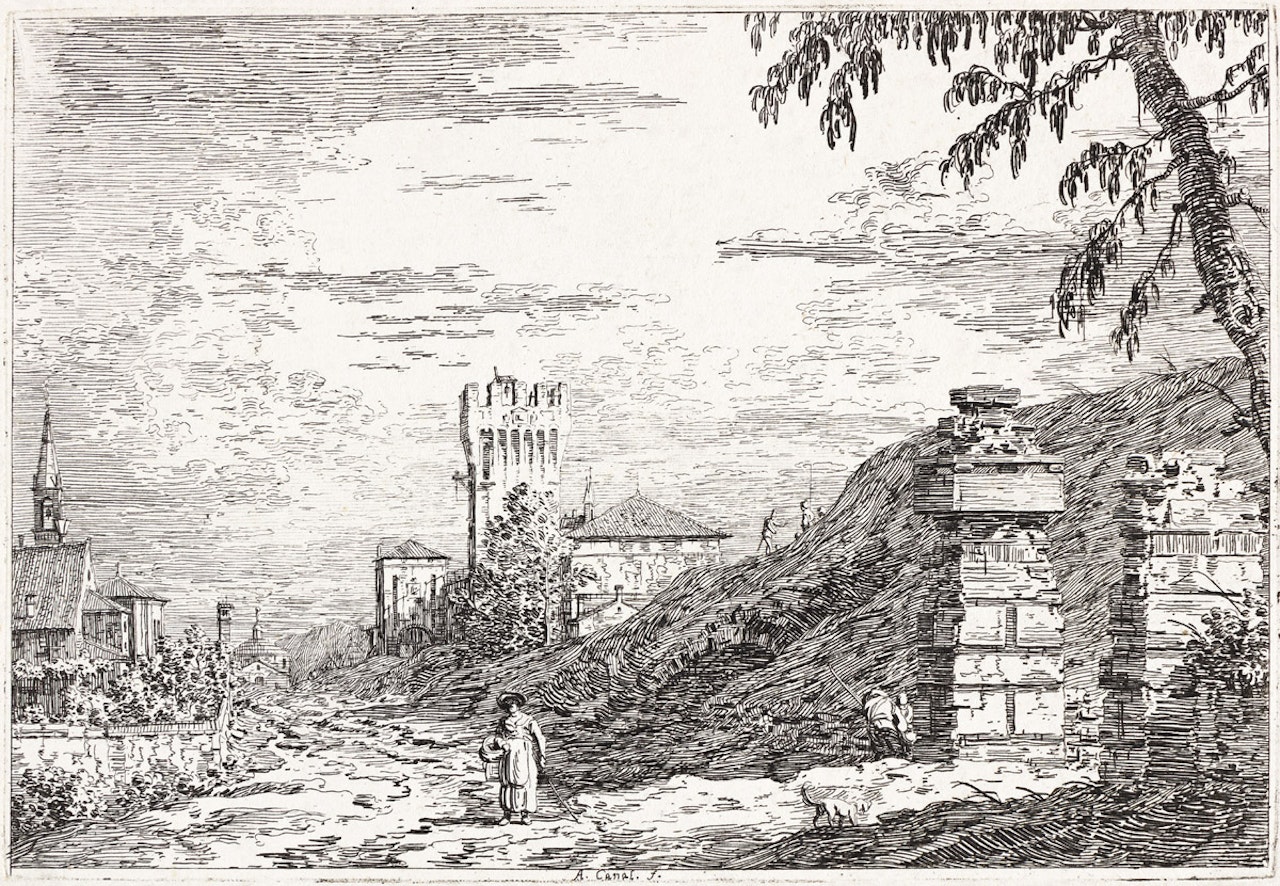 Landscape with a Tower and Two Ruined Pillars by Canaletto