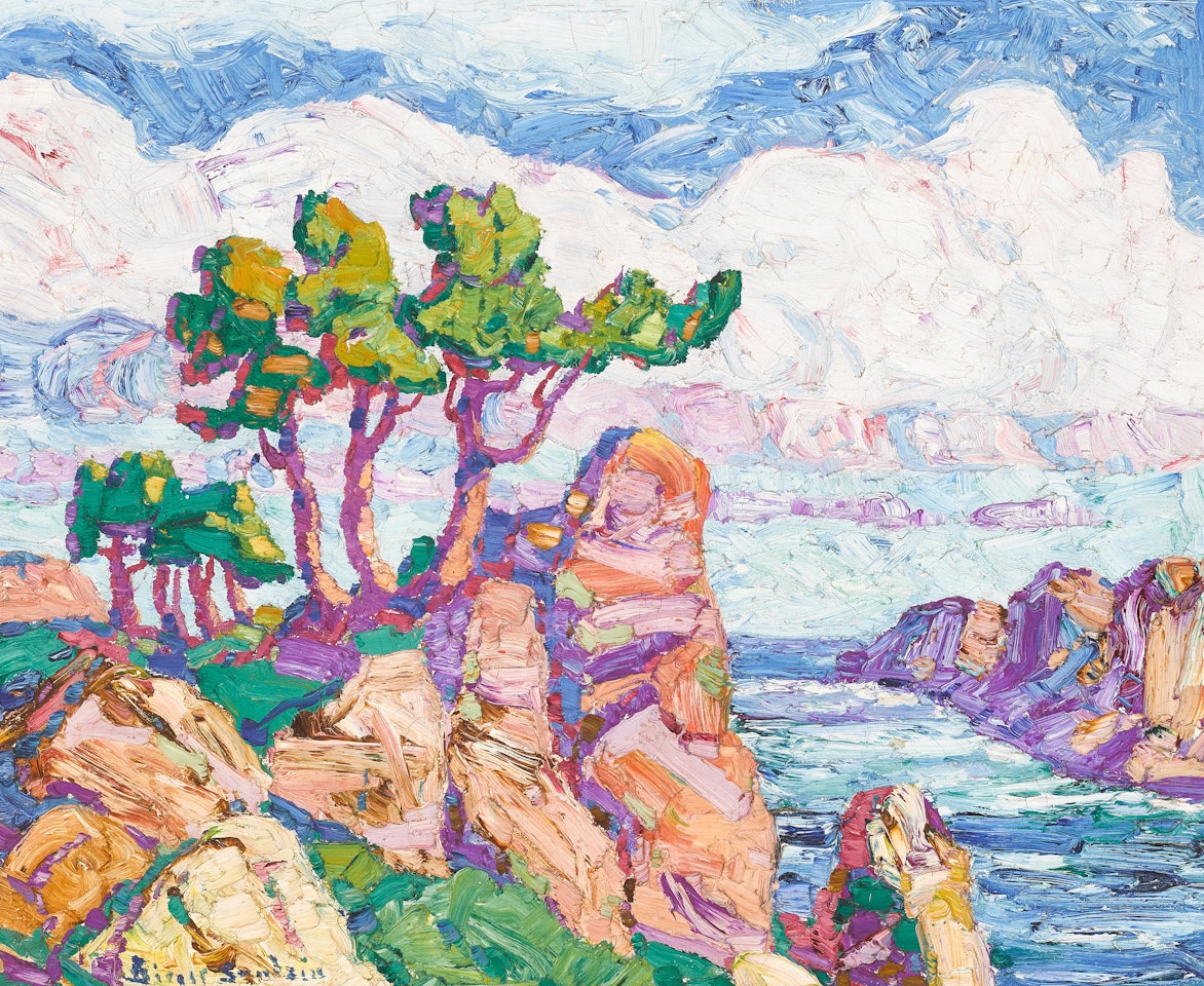 Coastal landscape with cliffs and cypress by Birger Sandzen