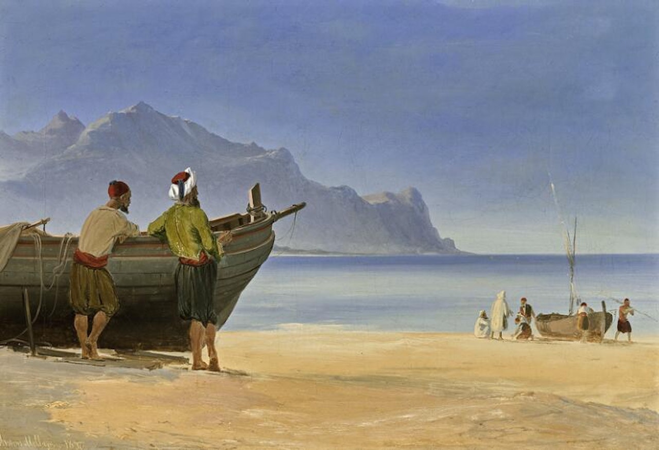 View from the coast of Morocco with fishermen on the beach by Anton Melbye