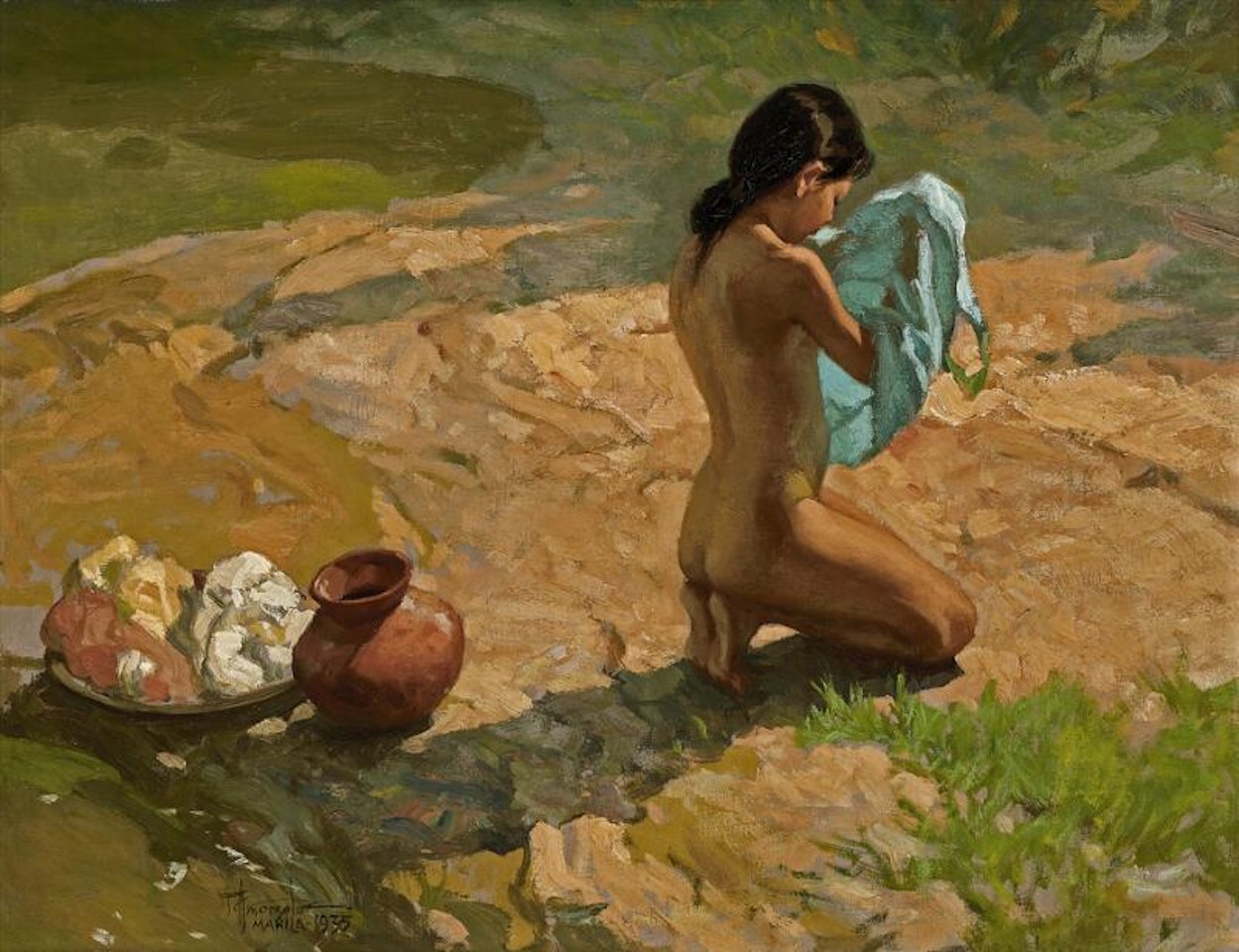 A young girl sitting by a river bank by Fernando Amorsolo
