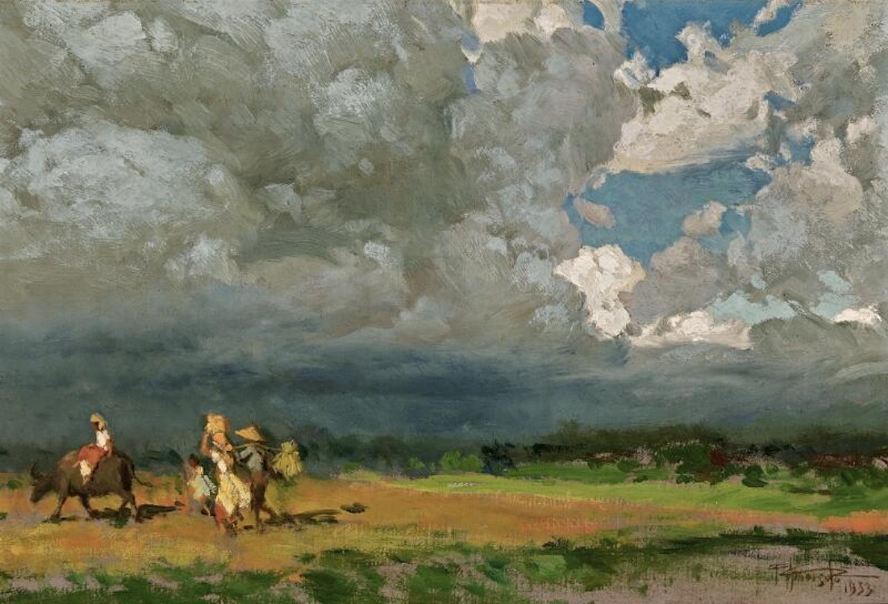 Harvesters in the field. Stormy weather approaching by Fernando Amorsolo