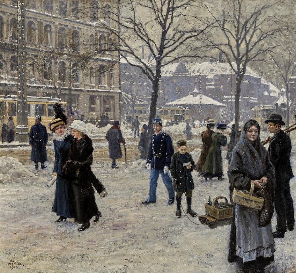 A busy winter day at Vesterbro Passage in Copenhagen by Paul Fischer
