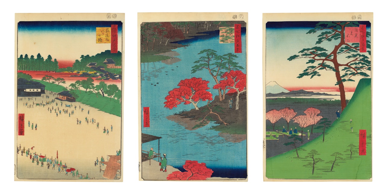 Three oban tate-e prints from the series meisho edo hyakkei by Utagawa Hiroshige