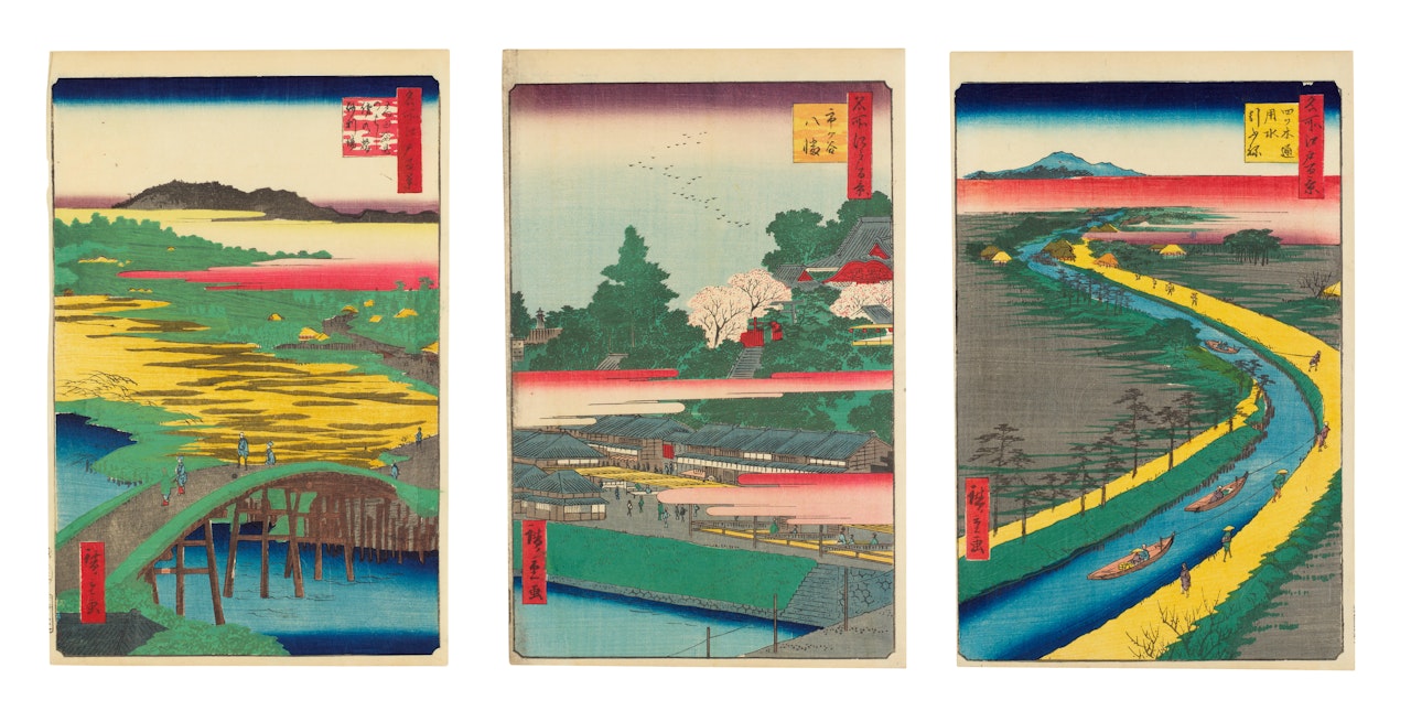 Three oban tate-e prints from the series meisho edo hyakkei by Utagawa Hiroshige