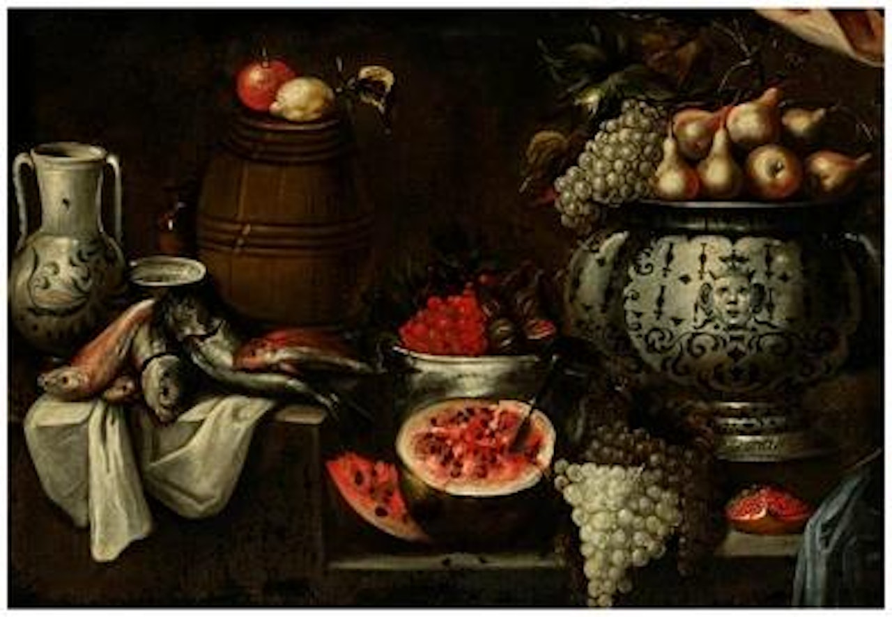 Watermelon, grapes, pears and other fruit, fish, a small barrel and ceramic vessels, all on a stone ledge by Spanish School