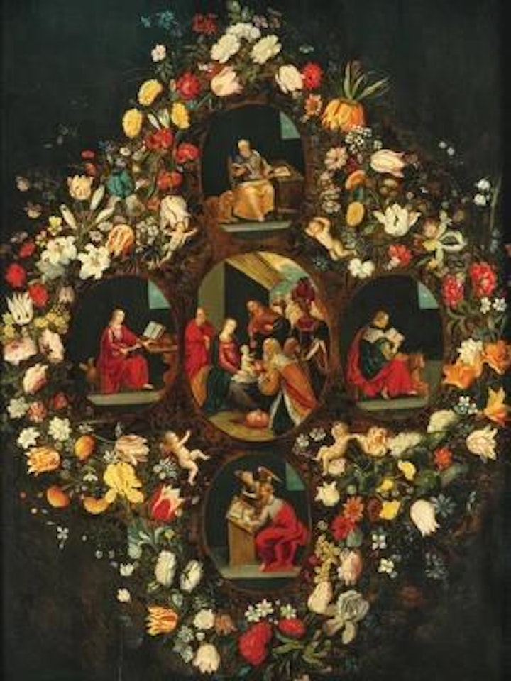 A garland of flowers encircling the Adoration of the Magi and the Four Evangelists by Jan Brueghel the Younger