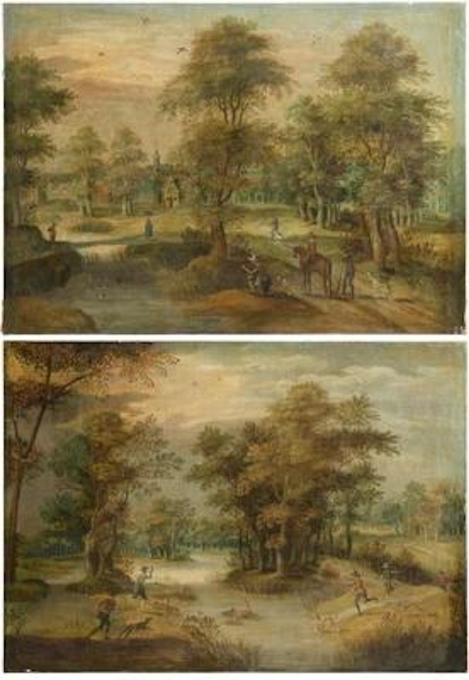Wooded landscapes with hunters by Flemish School