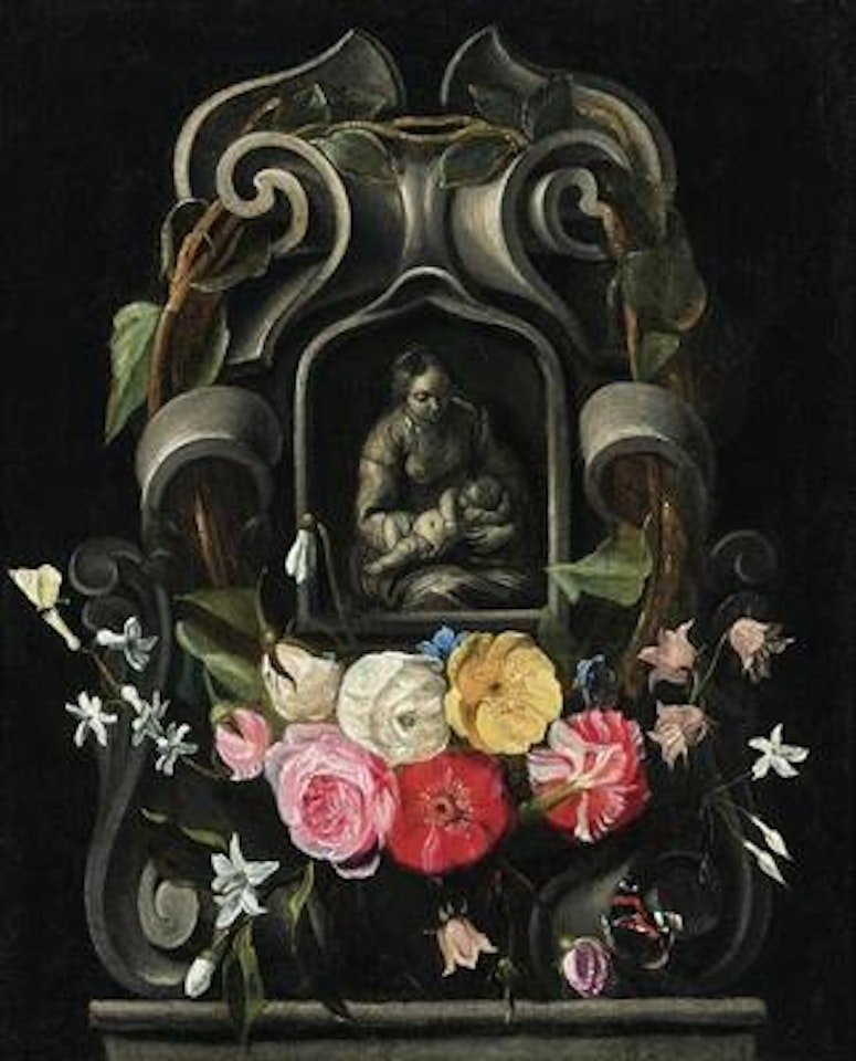 The Virgin and Child, in a cartouche decorated with roses, anemones, carnations and other flowers by Flemish School