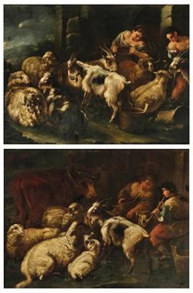 Peasants with sheep and goats; and Peasants with a cow, sheep and a goat by Roman School