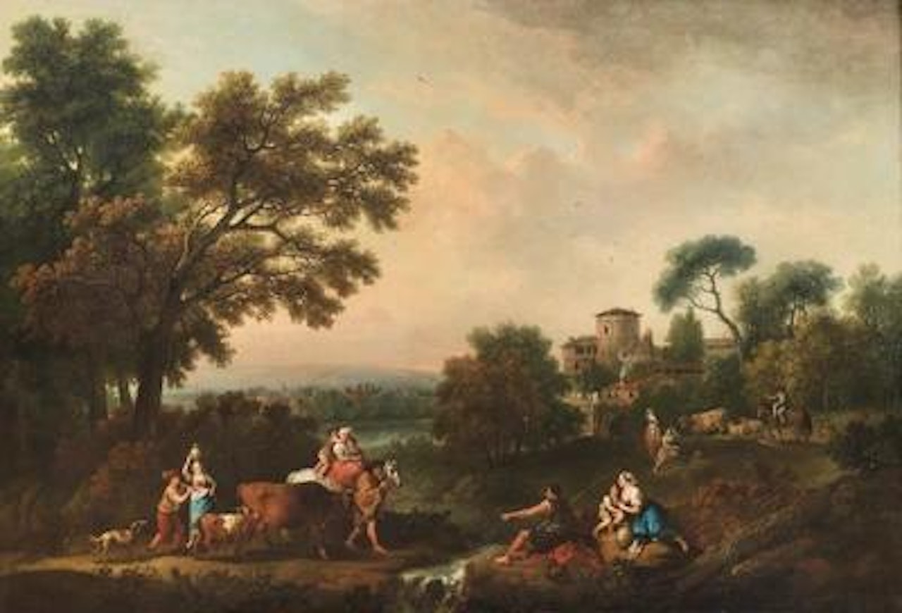 Travellers and other figures in a river landscape, a town beyond by Francesco Zuccarelli