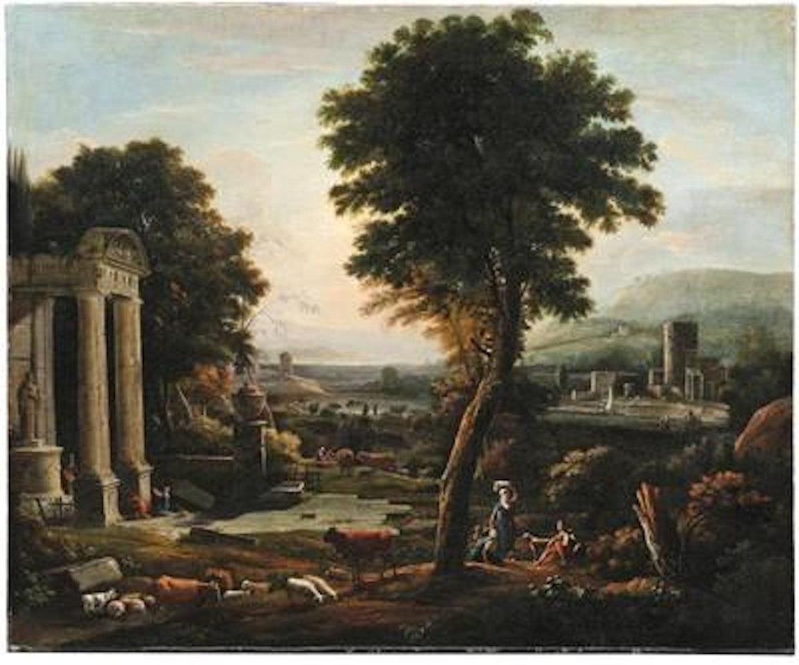 A Southern landscape with ancient ruins and shepherds by Venetian School