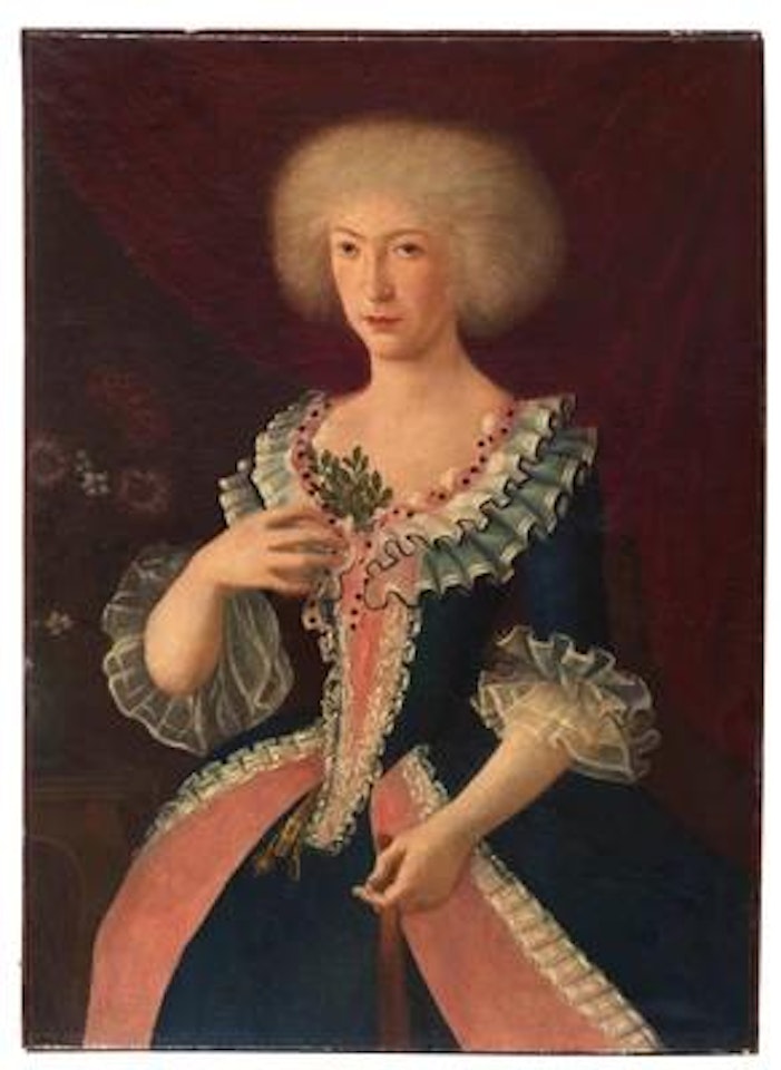 Portrait of a woman in a blue and pink dress, three-quarter-length by Italian School