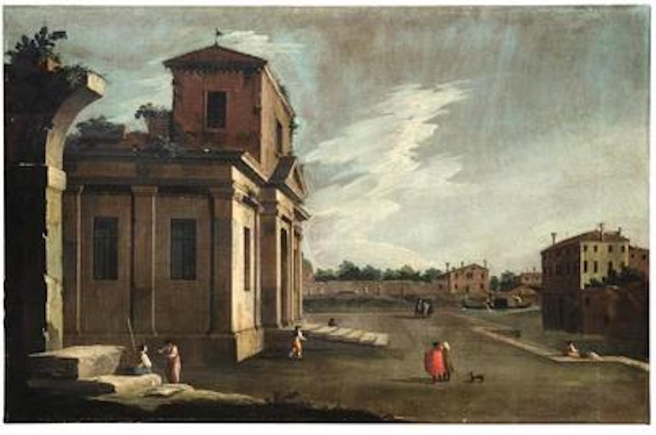 A church with figures by a canal by Venetian School