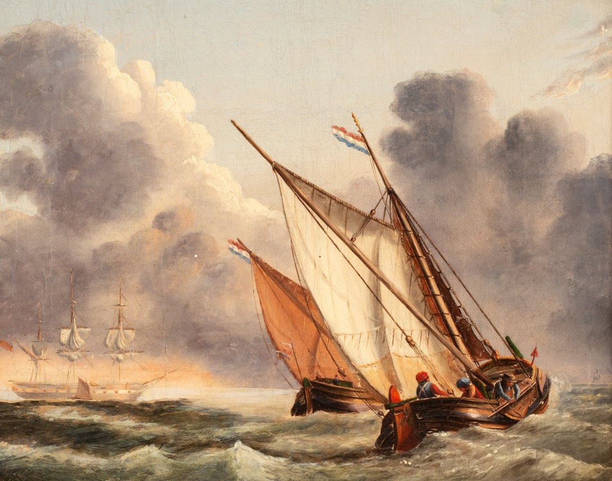Dutch Fishing Boats on a choppy sea by English School
