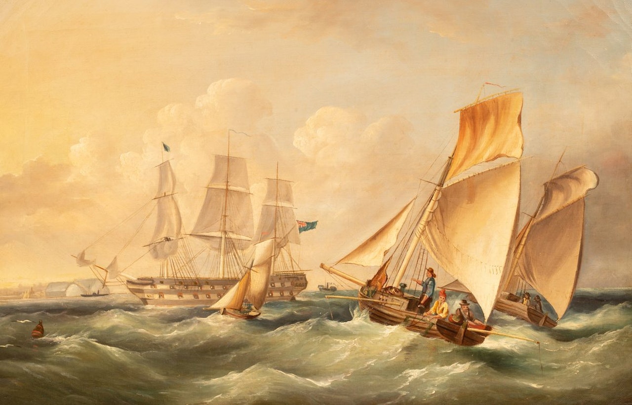A Merchantman; moored with fishing boats in a swell by English School