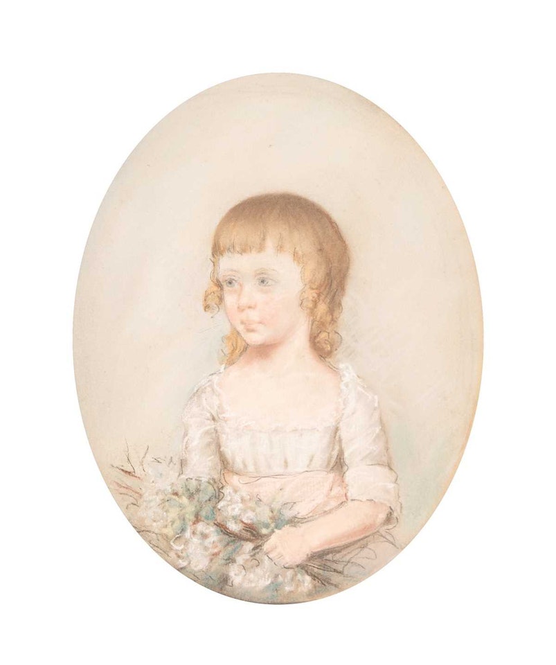Portrait of a Child; half-length seated, holding an arrangement of blossom by English School