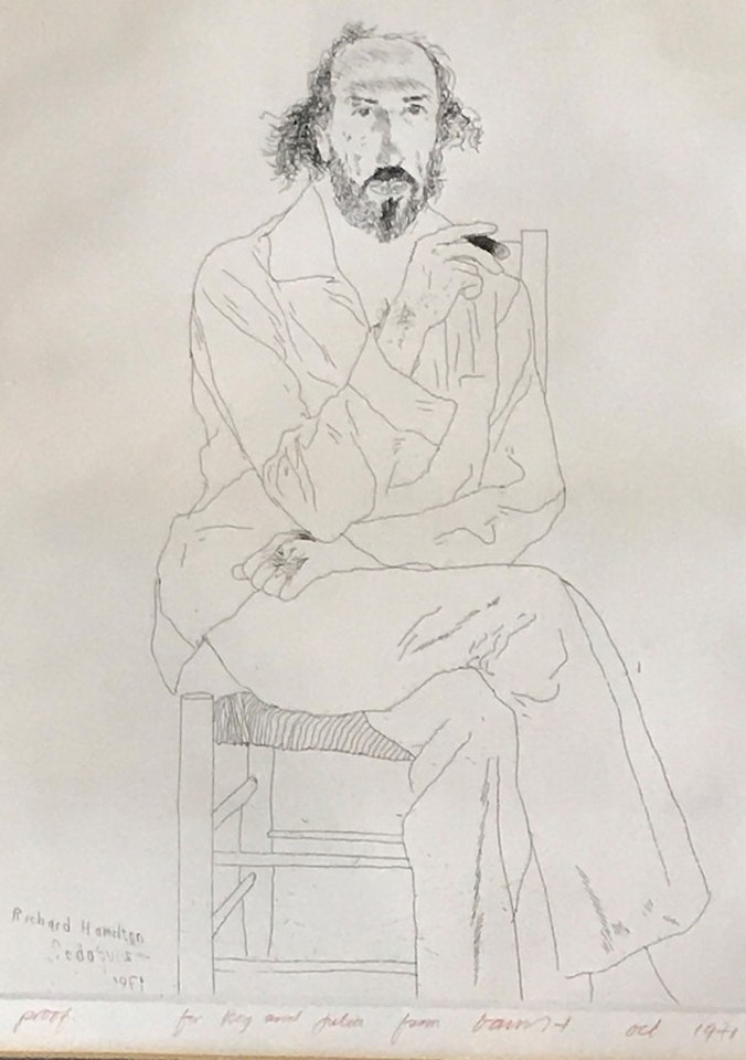 Portrait of Richard Hamilton at Cadaques; full-length seated (SAC 126; Tokyo 118) by David Hockney