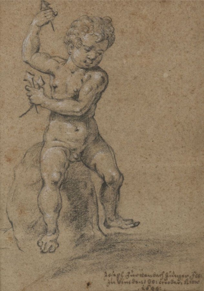 Seated putti holding arrows by German School