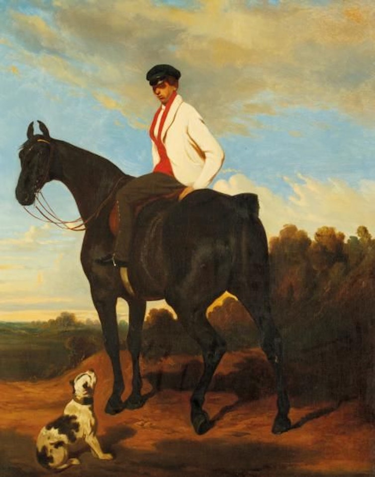 Rider standing still and dog, lad in white jacket turning around by Alfred de Dreux