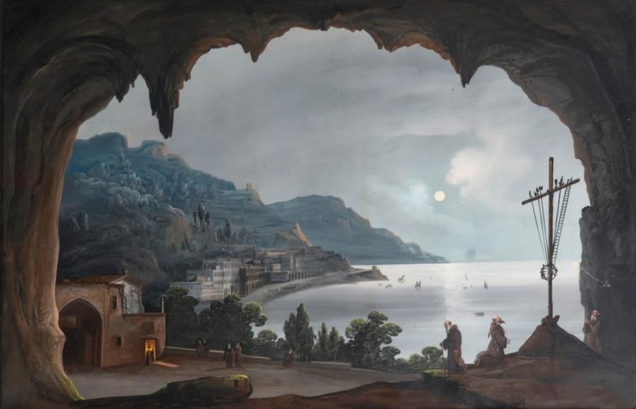 The moonlit cave by Neapolitan School