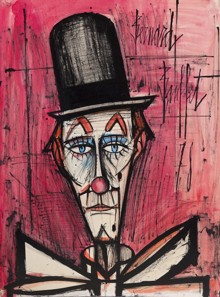 Clown with a bowler hat and red background by Bernard Buffet