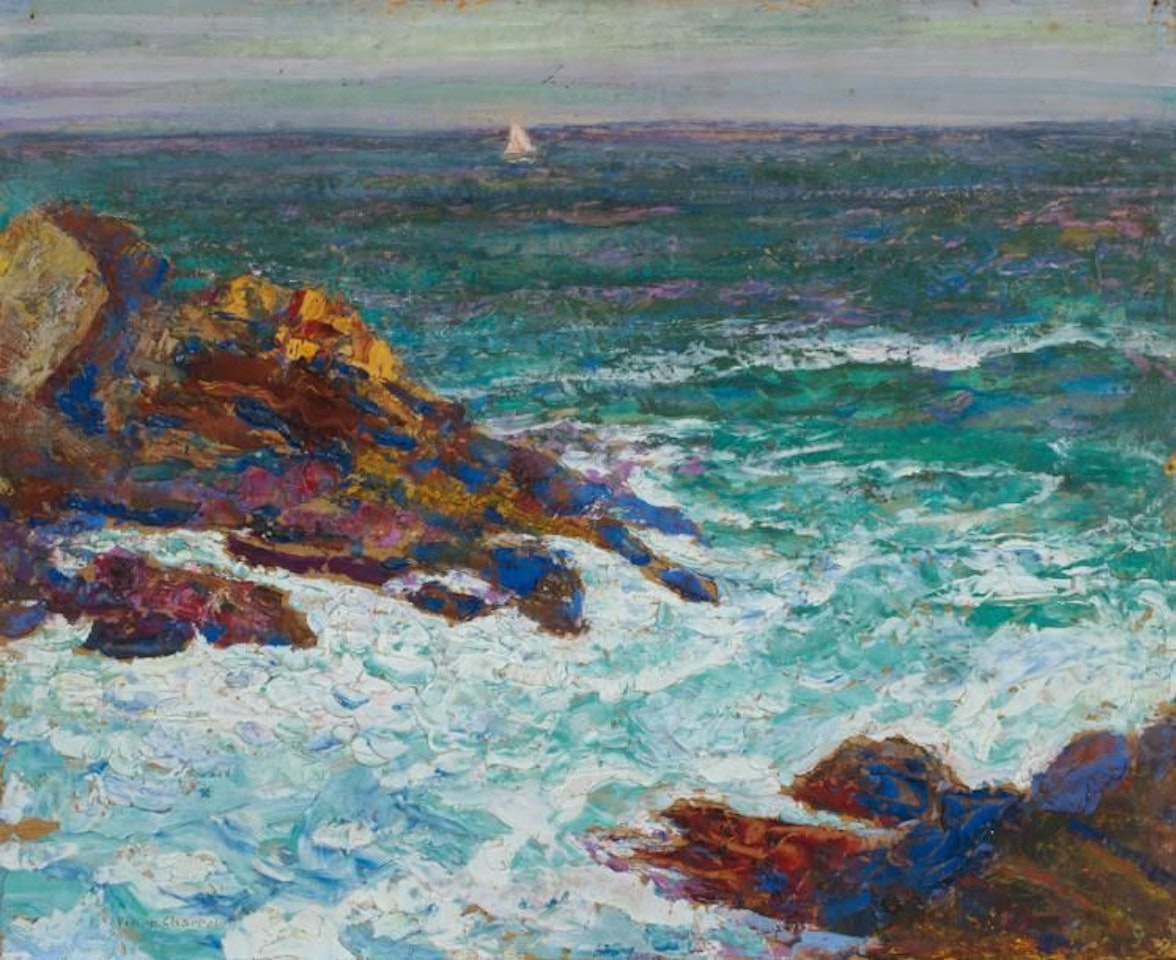 Sailboat off a rocky coast by Victor Charreton