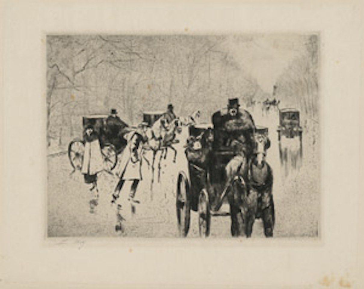 Wintry zoo alley with horse-drawn cabs by Lesser Ury
